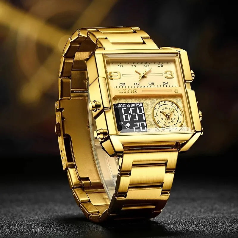 Relógio de pulso esportivo original de luxo masculino, aço de quartzo dourado, impermeável Dual Display, relógios relógio para homens