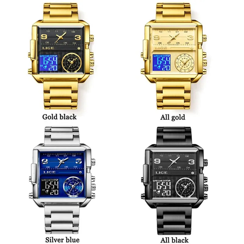 Relógio de pulso esportivo original de luxo masculino, aço de quartzo dourado, impermeável Dual Display, relógios relógio para homens