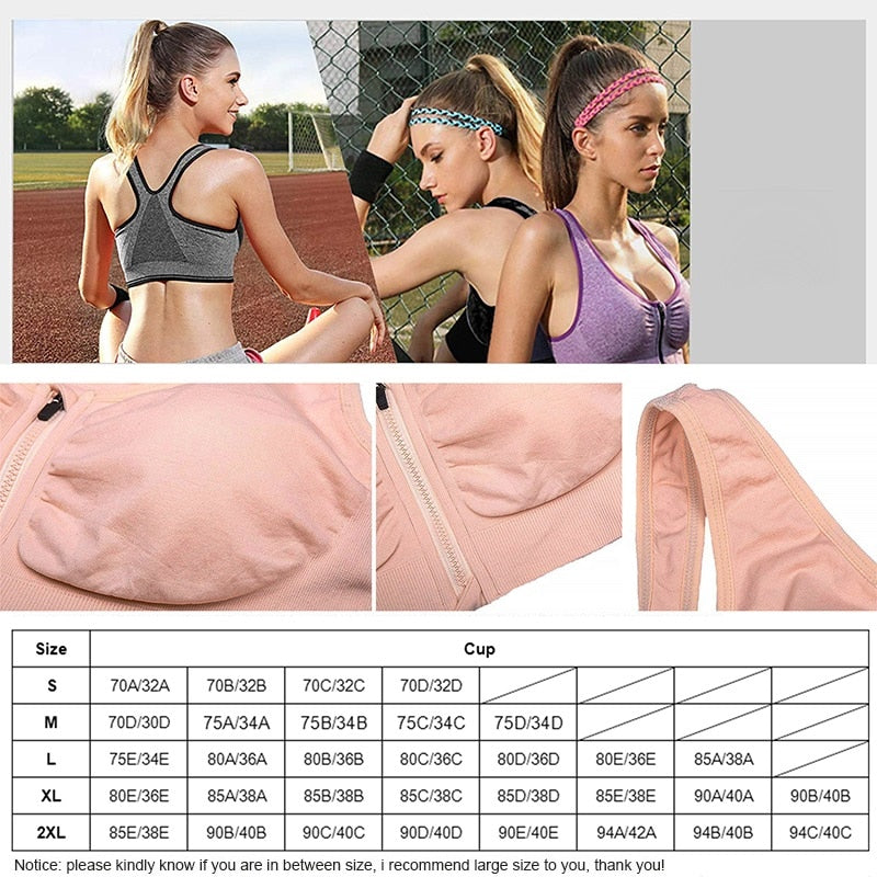 Sutiã esportivo feminino com zíper, roupa íntima para ioga, top push para academia, roupa esportiva